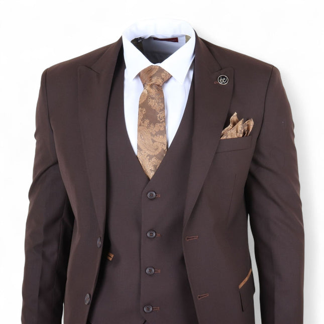 Men's 3 Piece Plain Dark Brown Work Formal Suit