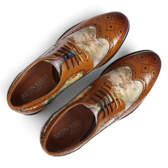 Justin Reess Men's Brown Leather Iconic Print Brogue Dress Shoes - Scott