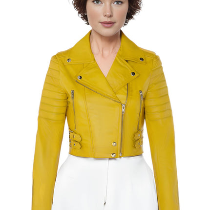 Womens Cropped Brando Leather Biker Jacket-Damascus