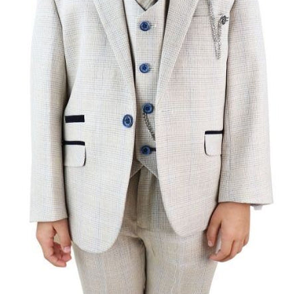 Boys 3 Piece Cream Herringbone Tweed Check Classic  Suit