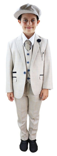 Boys 3 Piece Cream Herringbone Tweed Check Classic  Suit