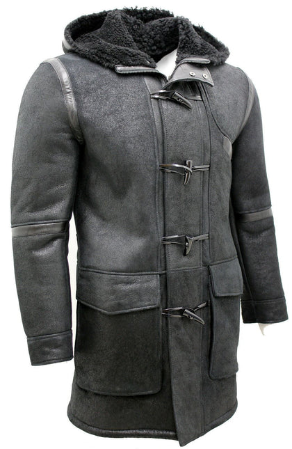 Mens Winter Sheepskin Leather Hooded Duffle Coat-Montpellier
