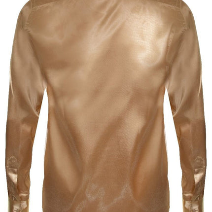 Mens Gold Satin Silk Shirt Smart Casual Button Down Cuff Tailored Fit