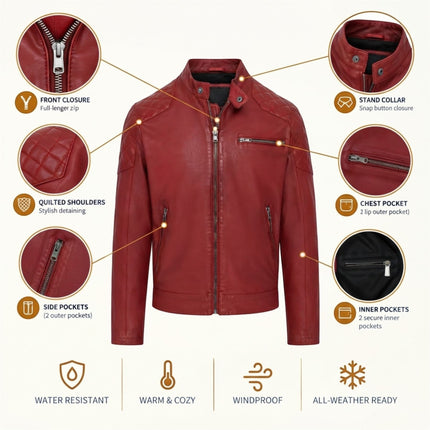 Mens Red Leather Quilted Shoulder Biker Jacket - Rock