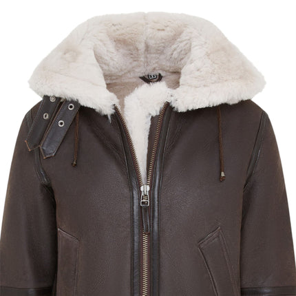 Womens Creck Brown Hooded Sheepskin Flying Leather Jacket-Palermo
