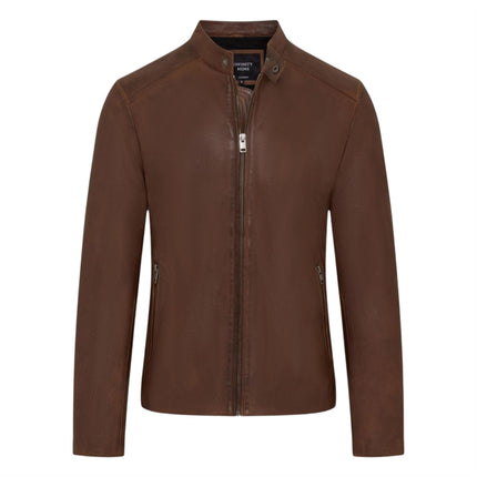 Mens Leather Brown Stand Collar Cafe Racer Biker Jacket - E184