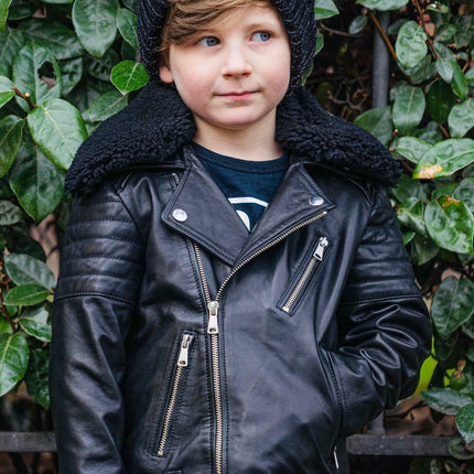 Kids Boys 100% Leather Detachable Collar Biker Jacket