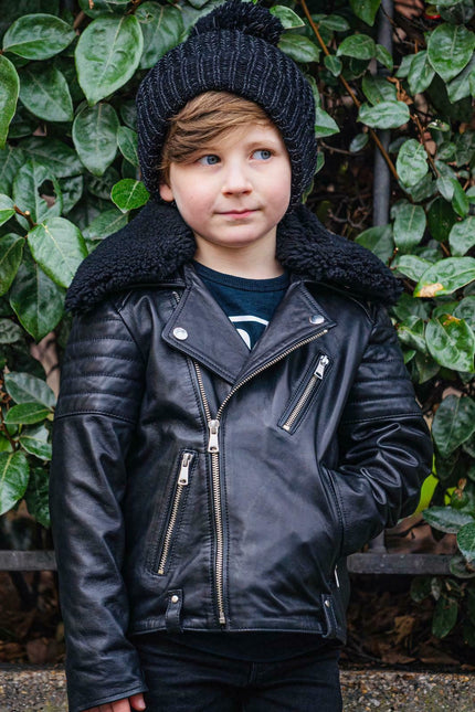 Kids Boys 100% Leather Detachable Collar Biker Jacket