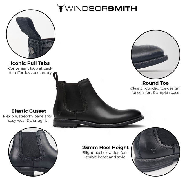 Windsorsmith Mens Black Leather Chelsea Ankle Dealer Boots - Sergio