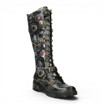 Laura Vita Women's Victorian Floral Black Leather High Lace-Up Long Boots - Cocrailo-82