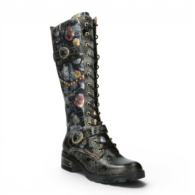 Laura Vita Women's Victorian Floral Black Leather High Lace-Up Long Boots - Cocrailo-82