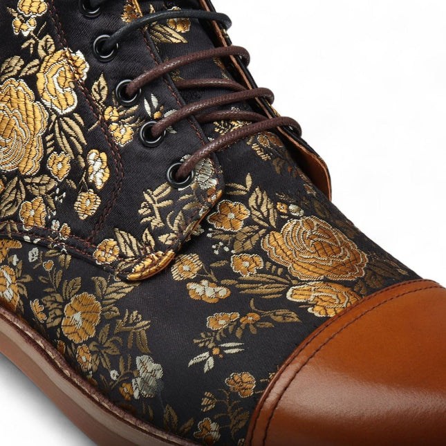 Justin Reess Men's Brown Floral Print Leather Oxford Ankle Boots - Adam