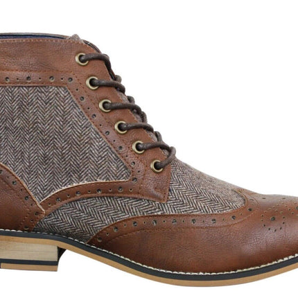 Mens Classic Tweed Oxford Ankle Boots In Brown Leather