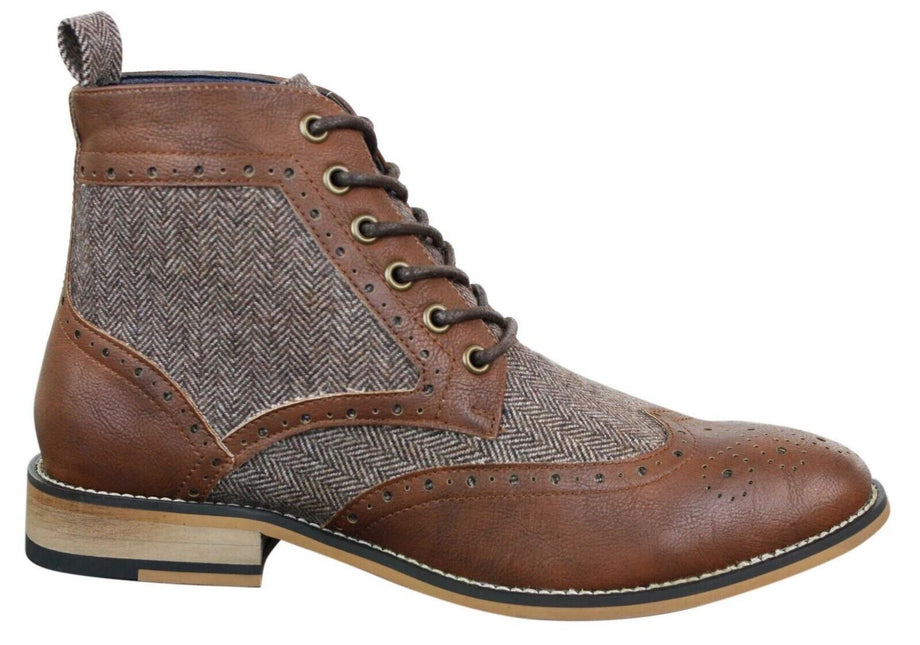 Mens Classic Tweed Oxford Ankle Boots In Brown Leather