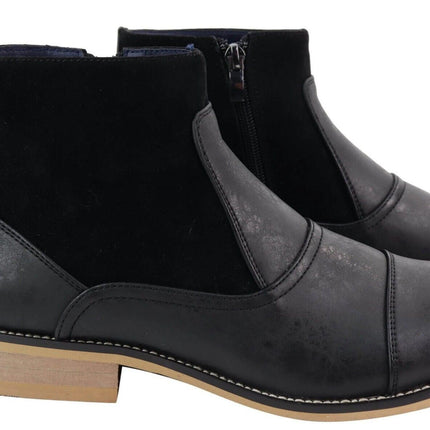 Mens Black Leather Suede Zip Up Chelsea Boots