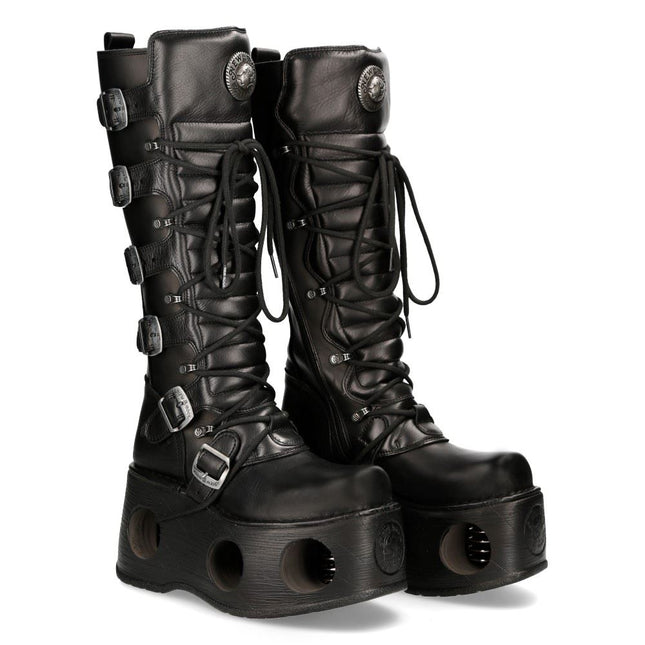 New Rock M-272-S2 Neptuno Metallic Knee High Black Leather Gothic Boots