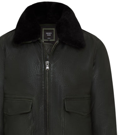 Mens Dark Green Leather Aviator Bomber Jacket - Lunar