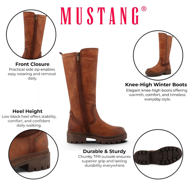 Mustang Women's Cognac Brown Knee High Chunky Long Winter Boots - M0062001