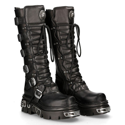 New Rock Knee High Black Leather Gothic Boots - 272-S1