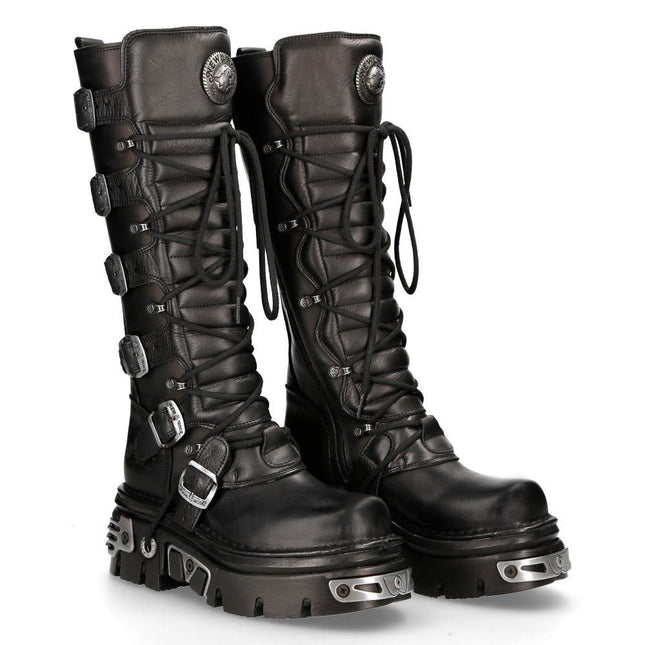 New Rock Knee High Black Leather Gothic Boots - 272-S1