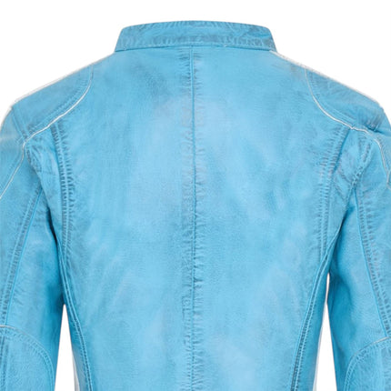 Womens Biker Racing Badges Blue Leather Jacket-Eastleigh