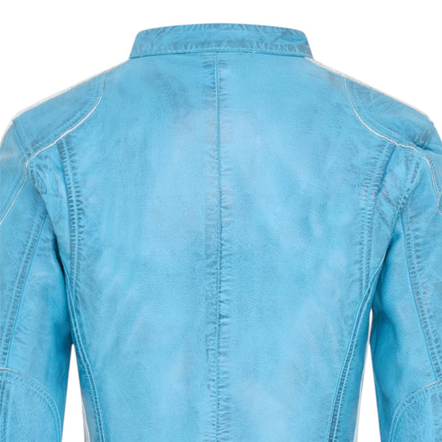 Womens Biker Racing Badges Blue Leather Jacket-Eastleigh