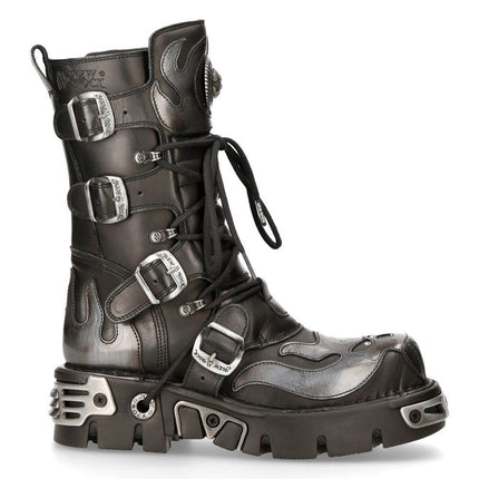 New Rock Flame Accented Black/Silver Leather Biker Boots - 107-S2