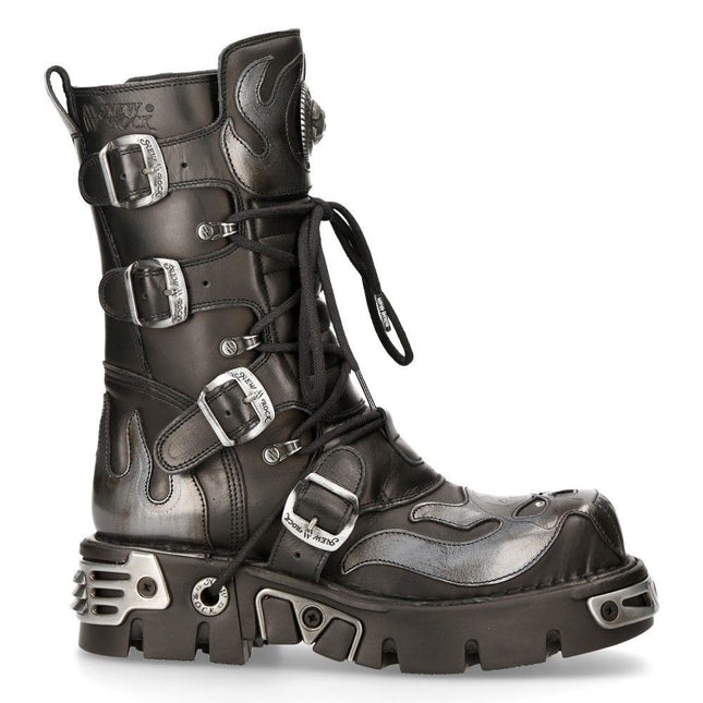 New Rock Flame Accented Black/Silver Leather Biker Boots - 107-S2