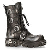 New Rock Flame Accented Black/Silver Leather Biker Boots - 107-S2