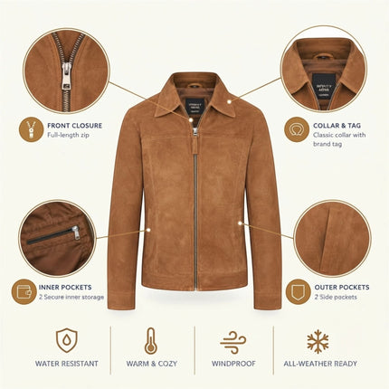 Mens Navy Goat Suede Leather Harrington Biker Jacket - Berlin