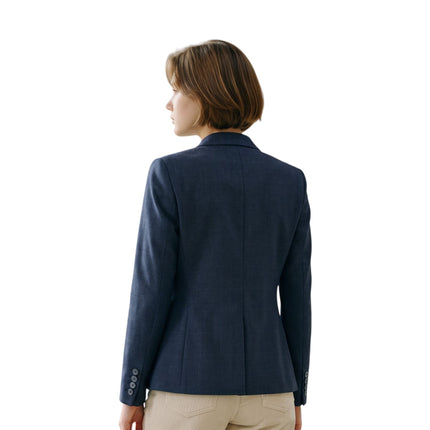 Women's Navy Check Wool Blend Herringbone Tweed Tailored Blazer - Caridi