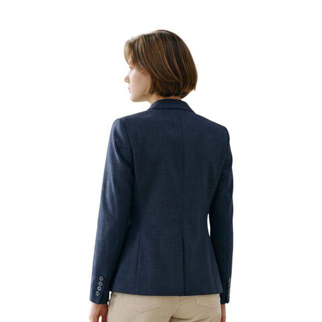 Women's Navy Check Wool Blend Herringbone Tweed Tailored Blazer - Caridi
