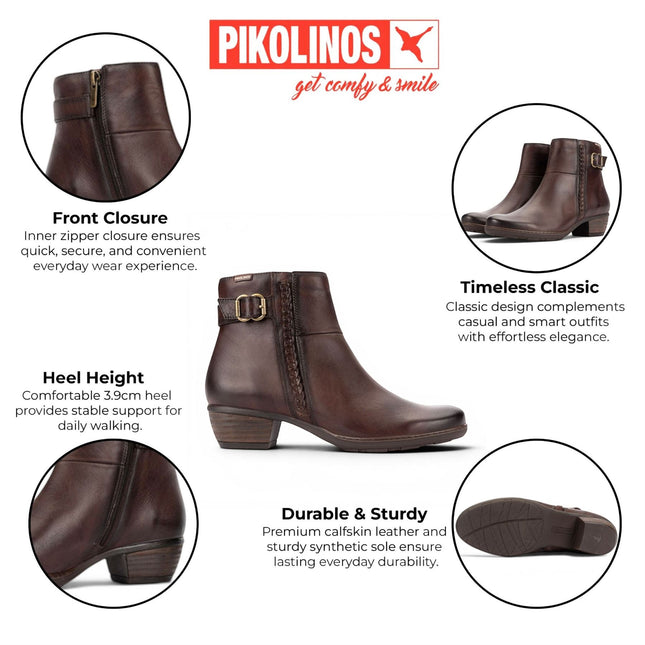 Pikolinos Women's Caoba Red Leather Heel Ankle Boots - Utiel