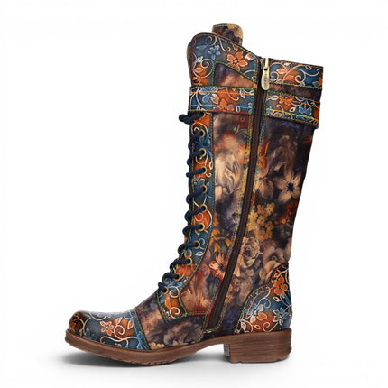 Laura Vita Women's Blue Floral Victorian Leather High Combat Long Boots - Anitao-21
