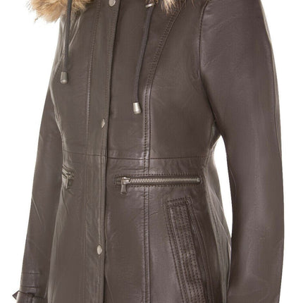 Womens Warm Leather Hooded Parka Jacket-Northwich