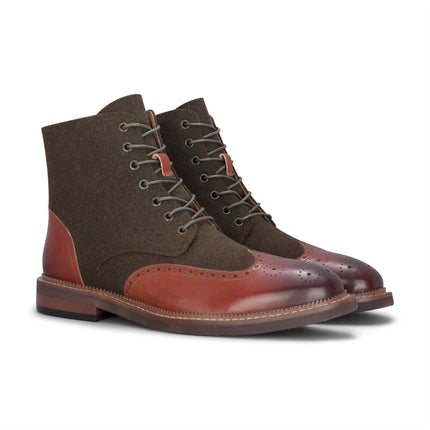 Justin Reess Men's Khaki Brown Brogue Leather Ankle Boots - Clifford
