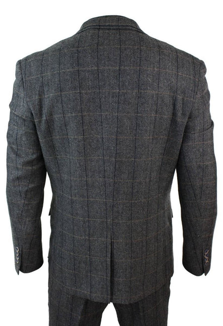 Mens 3 Piece Charcoal Grey Check Tweed Herringbone Vintage Classic Suit