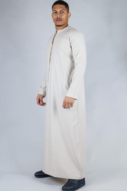 Men's Beige Thobe Emirati Islamic Jubba Robe Eid Tassel Slim Fit