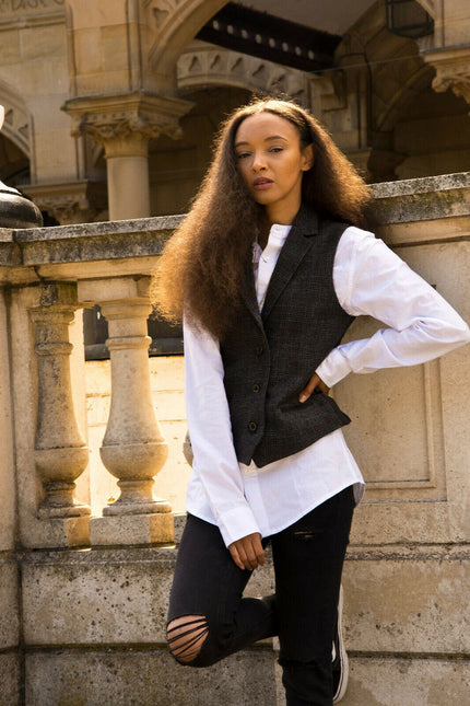 Womens Tweed 1920s Herringbone Charcoal Waistcoat