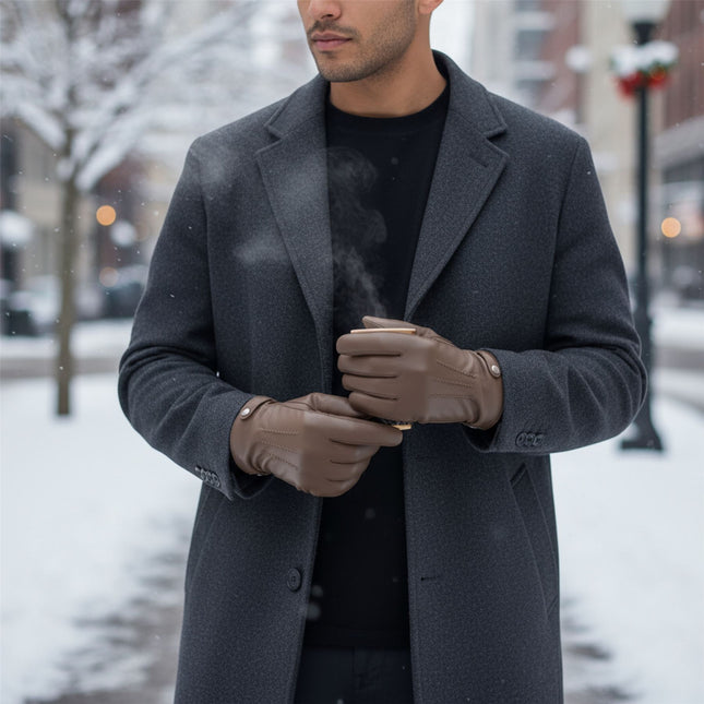 Men’s Tan Brown Italian Leather Warm Wool-Lined Winter Gloves - M-LGV-505