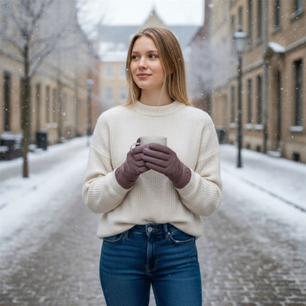 Womens Nude Beige Italian Leather Winter Button Design Soft Wool Lining Gloves - L-GLV-501