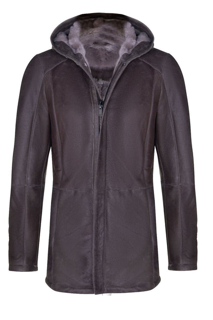 Mens Sheepskin Hooded Parka Coat-Alafaya
