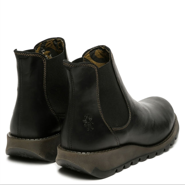 Fly London Womens Black Salv Chelsea Leather Ankle Casual Wedge Heel Boots