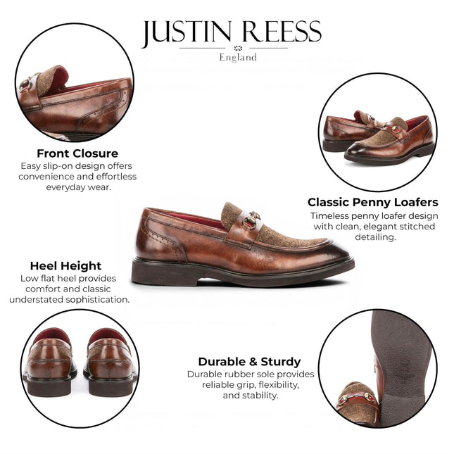 Justin Reess Men's Tan Leather Herringbone Tweed Loafer Shoes - Tristian