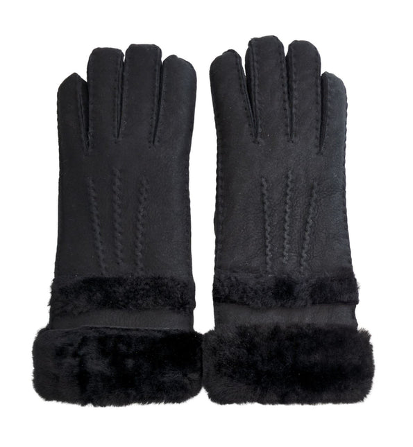 Infinity Leather Womens Black Sheepskin Suede Gloves with Roll Up/Down Cuff