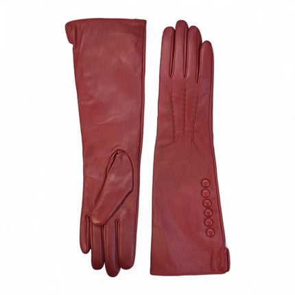 Womens Long Red Italian Leather Winter Button Design Soft Wool Lining Gloves - L-GLV-201