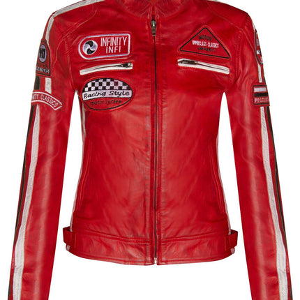 Womens Biker Racing Badges Leather Jacket-Eastleigh