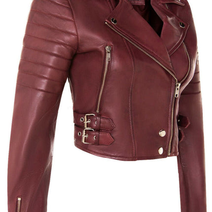 Womens Cropped Brando Leather Biker Jacket-Damascus
