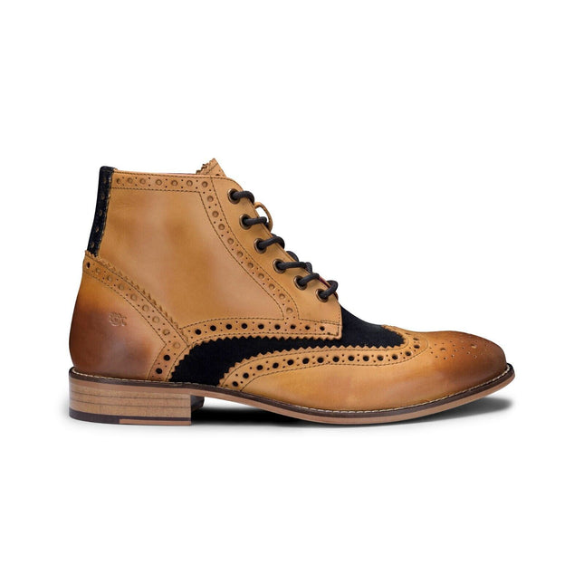 Mens Classic Oxford Tan Leather Gatsby Brogue Ankle Boots With Navy Suede