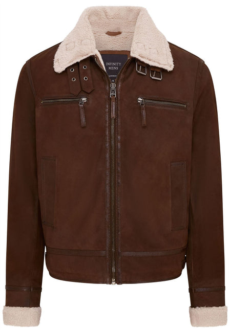 Mens Real Sheep Suede Bomber Jacket Aviator Jacket with Fur Lining